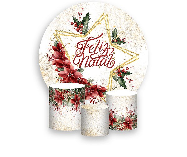 Painel De Festa Redondo 1,50 x 1,50 + Trio De Capas Cilindro - Feliz Natal Estrela 017