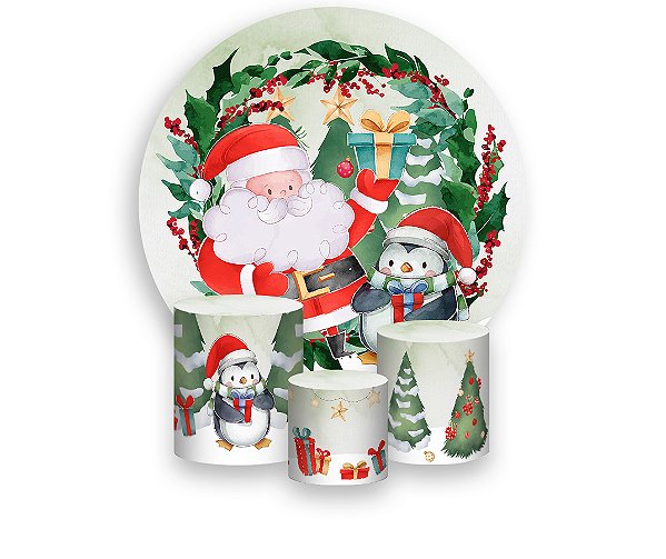 Painel De Festa Redondo 1,50 x 1,50 + Trio De Capas Cilindro - Natal Papai Noel com Pinguim 020