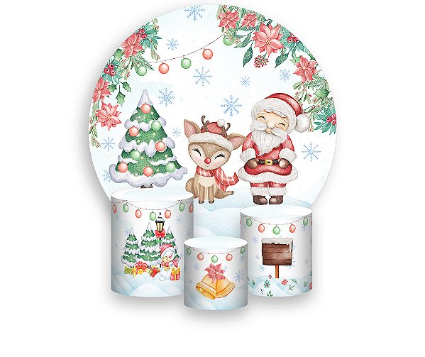 Painel De Festa Redondo 1,50 x 1,50 + Trio De Capas Cilindro -  Papai Noel Cute 028