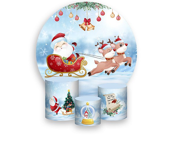 Painel De Festa Redondo 1,50 x 1,50 + Trio De Capas Cilindro - Natal Papi Noel Treno 032