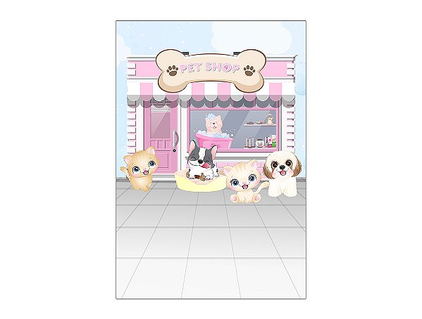 Painel De Festa Vertical 1,50 x 2,20 -  Cachorrinhos Pet Shop Rosa 006