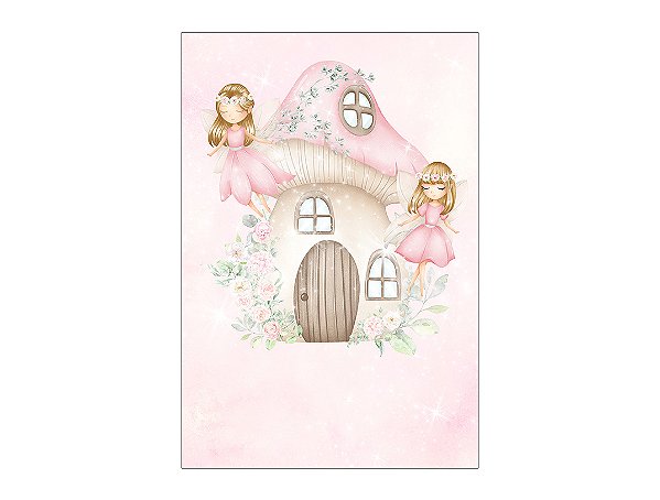 Painel De Festa Vertical 1,50 x 2,20 - Fadas Casinha Cogumelo com Flores 016