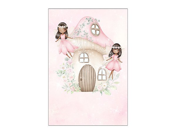 Painel De Festa Vertical 1,50 x 2,20 - Fadas Casinha Rosa com Flores 017