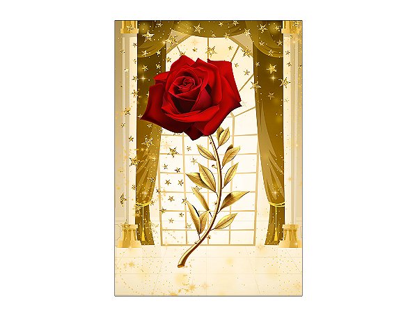 Painel De Festa Vertical 1,50 x 2,20 - Rosa Vermelha Efeito Brilhos Dourados 012