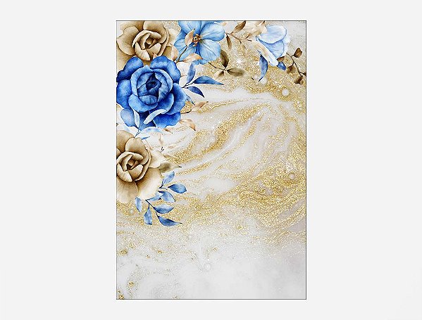 Painel De Festa Vertical 1,50 x 2,20 - Floral Azul e Dourado 026