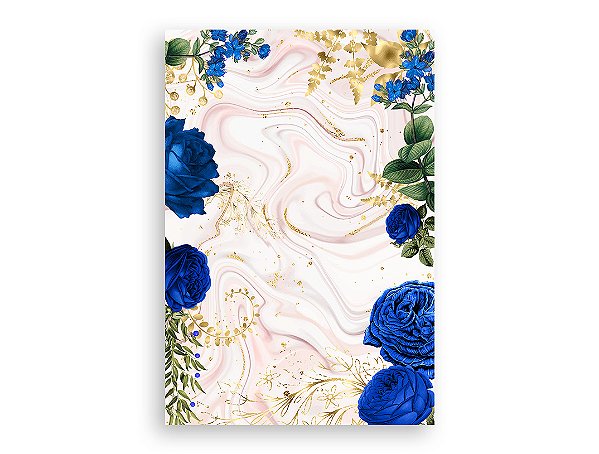 Painel De Festa Vertical 1,50 x 2,20 - Flores Azuis Efeito Mármore Rose e Dourado 054