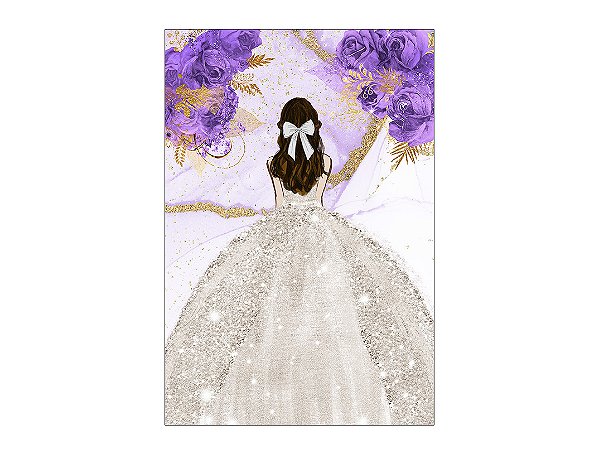 Painel De Festa Vertical 1,50 x 2,20 - Princesa Vestido Branco e Flores Lilás 090