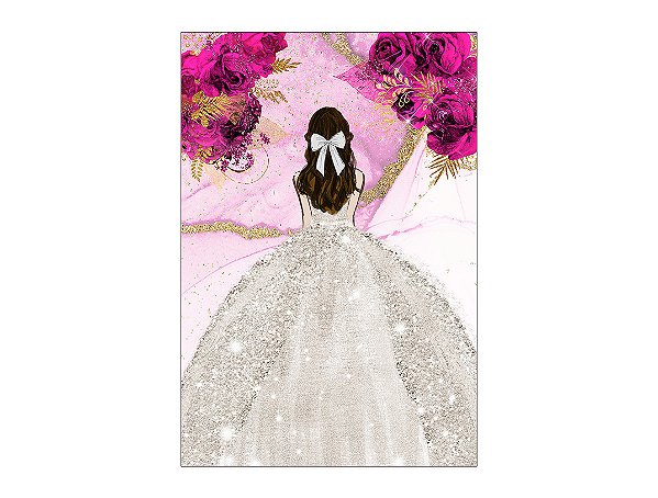 Painel De Festa Vertical 1,50 x 2,20 - Princesa Vestido Branco com Flores Pink 092