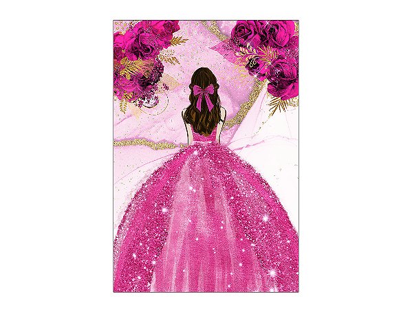 Painel De Festa Vertical 1,50 x 2,20 - Princesa Vestido e Flores Pink 093