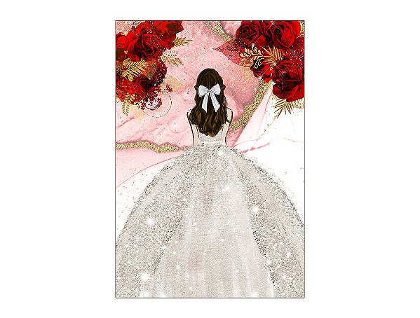 Painel De Festa Vertical 1,50 x 2,20 - Princesa Vestido Branco com Flores Vermelhas 097