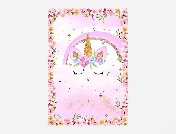 Painel De Festa Vertical 1,50 x 2,20 - Unicórnio Floral Rosa 006