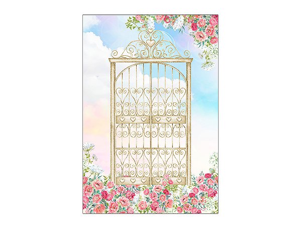 Painel De Festa Vertical 1,50 x 2,20 - Portão Dourado Jardim Florido 051