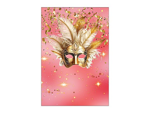 Painel De Festa Vertical 1,50 x 2,20 - Carnaval Máscaras Dourado e Rosa 028