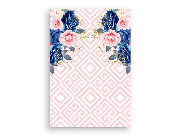 Painel De Festa Vertical 1,50 x 2,20 - Efeito Geométrico Greek Rosa com Floral Azul 005