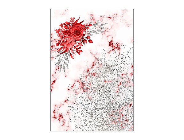 Painel De Festa Vertical 1,50 x 2,20 - Flores Efeito Mármore Vermelho e Prata 061