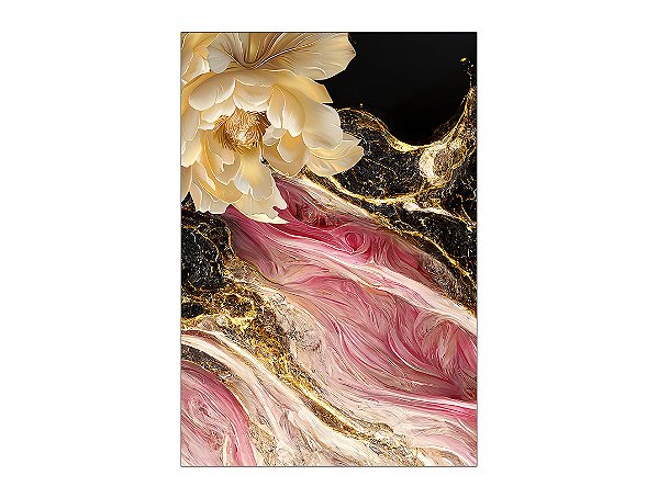 Painel De Festa Vertical 1,50 x 2,20 - Efeito Marmorizado com Flor Rosa e Dourado 077