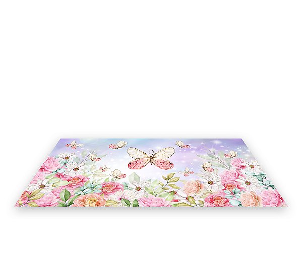 Painel De Festa Tapete Em Lona 2,50x1,35 - Borboletas Bege e Rosa Candy 001