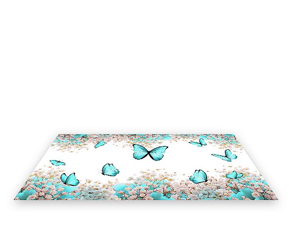 Painel De Festa Tapete Em Lona 2,50x1,35 - Borboleta Turquesa Floral 007