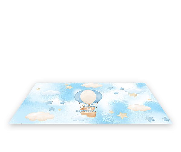 Painel De Festa Tapete Em Lona 2,50x1,35 - Ursinho Baloeiro Azul e Bege 006