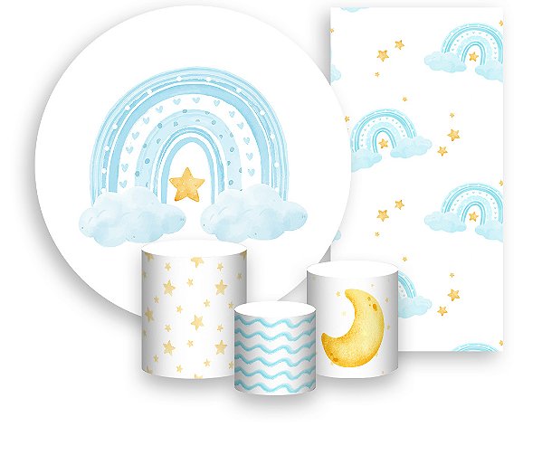 Painel De Festa + Trio De Capas Cilindro + Faixa Veste Fácil - Arco Íris Boho Azul 001