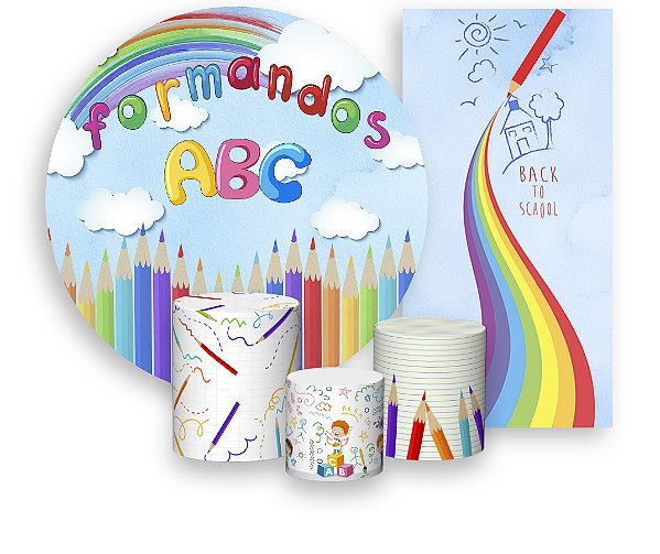 Painel De Festa + Trio De Capas Cilindro + Faixa Veste Fácil - Formatura ABC Colorido 002
