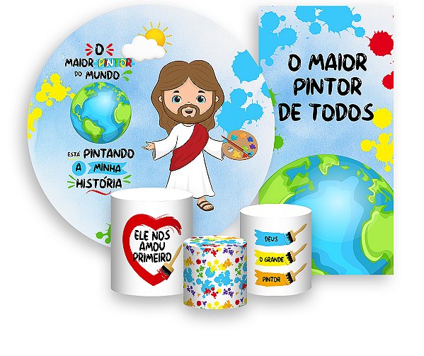 Painel De Festa + Trio De Capas Cilindro + Faixa Veste Fácil - Jesus Maior Pintor do Mundo 003