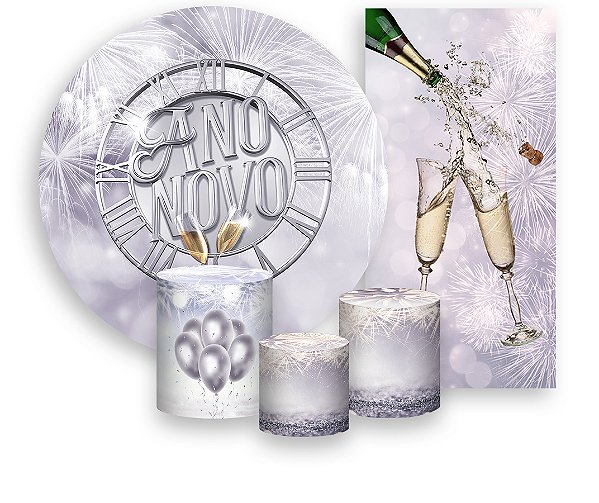 Painel De Festa + Trio De Capas Cilindro + Faixa Veste Fácil - Ano Novo Prateado Taças 003