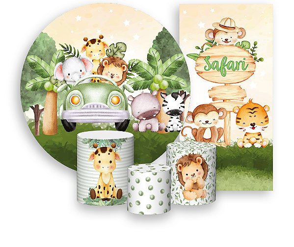Painel De Festa + Trio De Capas Cilindro + Faixa Veste Fácil - Safari Cute 005