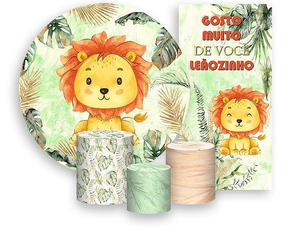 Painel De Festa + Trio De Capas Cilindro + Faixa Veste Fácil - Leãozinho Safari Cute 006