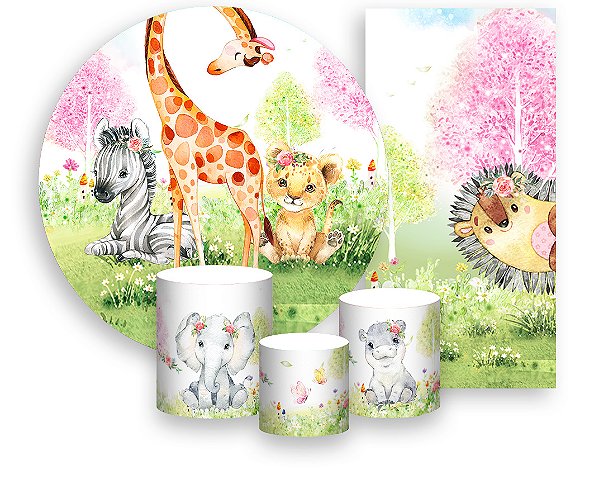 Painel De Festa + Trio De Capas Cilindro + Faixa Veste Fácil - Safari Animais Aquarela 012