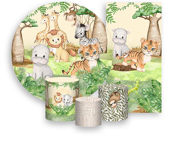 Painel De Festa + Trio De Capas Cilindro + Faixa Veste Fácil - Safari Bege com Verde 016