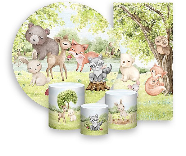 Painel De Festa + Trio De Capas Cilindro + Faixa Veste Fácil - Animais Bosque Delicado 018