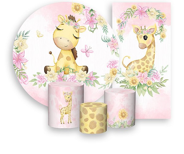 Painel De Festa + Trio De Capas Cilindro + Faixa Veste Fácil - Girafa Rosa Cute 023