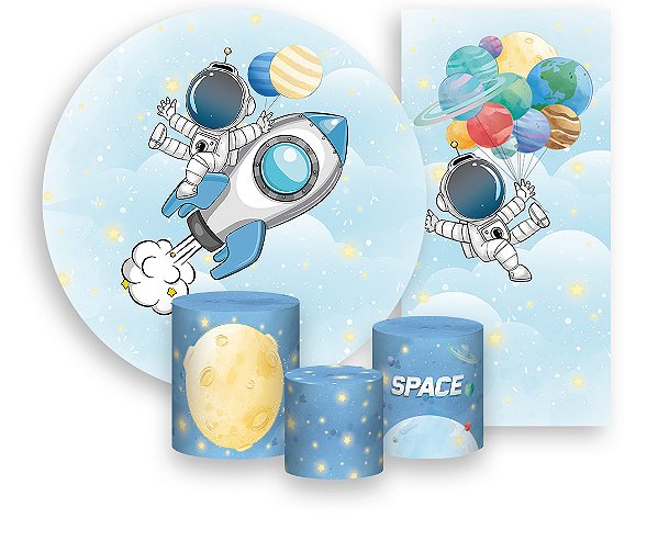 Painel De Festa + Trio De Capas Cilindro + Faixa Veste Fácil - Astronauta Cute 003