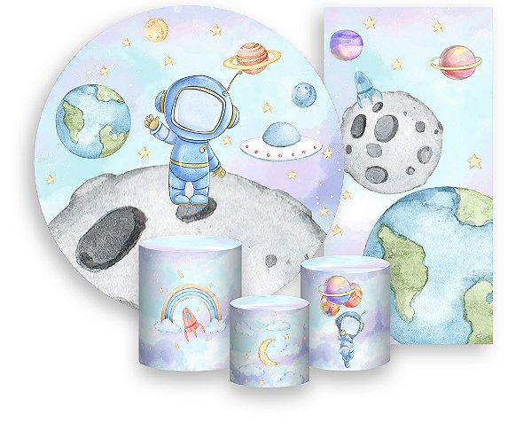 Painel De Festa + Trio De Capas Cilindro + Faixa Veste Fácil - Astronauta Candy Na Lua 005