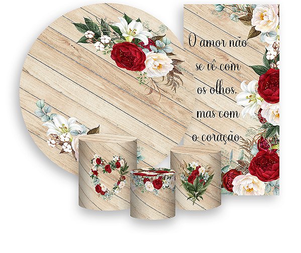 Painel De Festa + Trio De Capas Cilindro + Faixa Veste Fácil - Casamento Flores Vermelhas 004