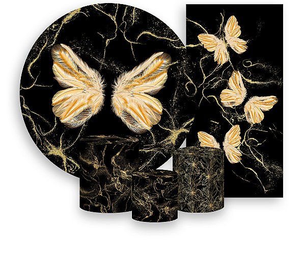 Painel De Festa + Trio De Capas Cilindro + Faixa Veste Fácil -  Asas Douradas 005