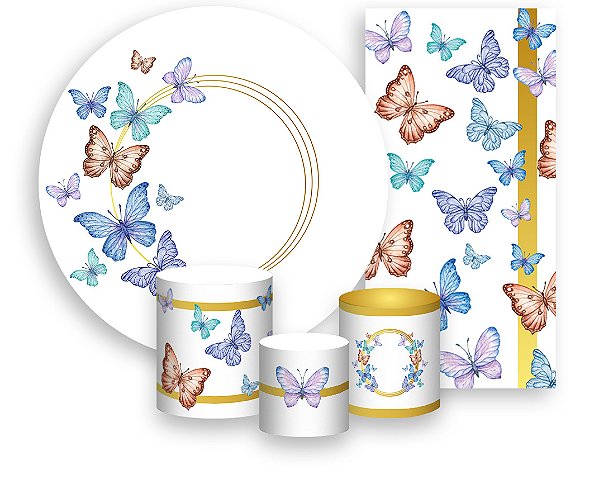 Painel De Festa + Trio De Capas Cilindro + Faixa Veste Fácil - Borboleta Efeito Glitter Dourado 008