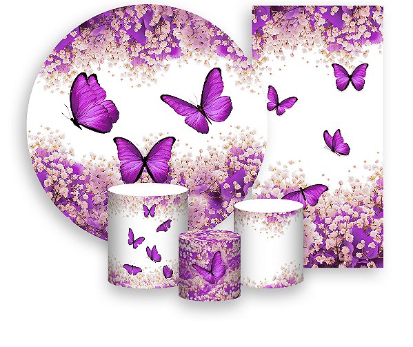 Painel De Festa + Trio De Capas Cilindro + Faixa Veste Fácil - Borboleta Roxo Floral 015