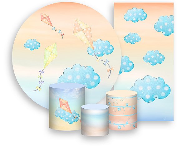 Painel De Festa + Trio De Capas Cilindro + Faixa Veste Fácil - Pipas Aquarelas Céu 004