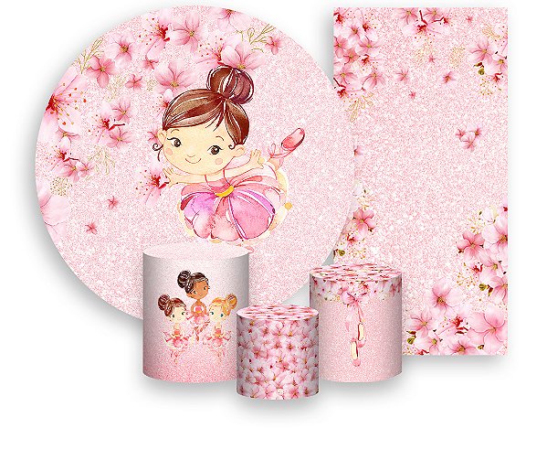 Painel De Festa + Trio De Capas Cilindro + Faixa Veste Fácil - Bailarina com Flores Rosa 006