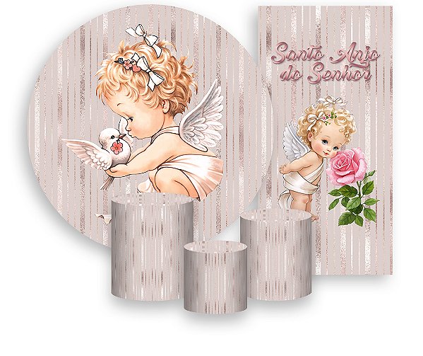 Painel De Festa + Trio De Capas Cilindro + Faixa Veste Fácil - Batizado Anjinho Rose 002