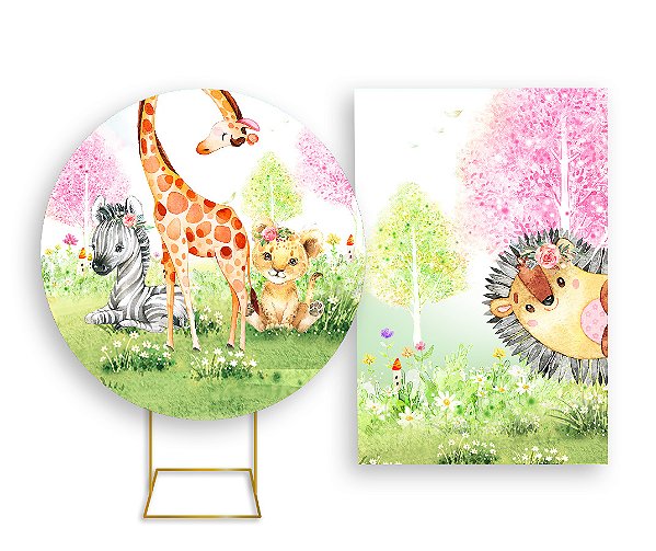 Painel De Festa Redondo 1,50x1,50 + Vertical 1,50x2,20 - Safari Animais Aquarela 001