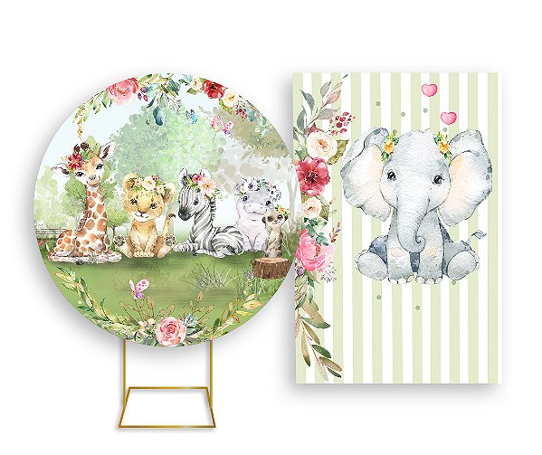 Painel De Festa Redondo 1,50x1,50 + Vertical 1,50x2,20 - Safari Elefante Cute 002