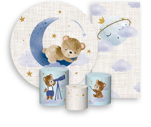 Painel De Festa + Trio De Capas Cilindro + Faixa Veste Fácil - Chá de Bebê Ursinhos Dormindo 002
