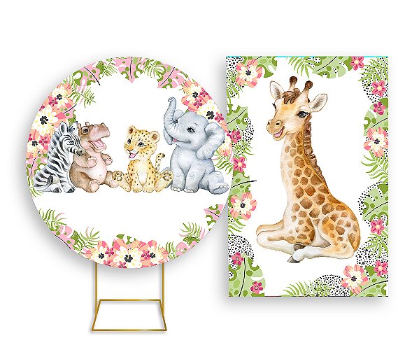 Painel De Festa Redondo 1,50x1,50 + Vertical 1,50x2,20 - Animais Safari Florido 022