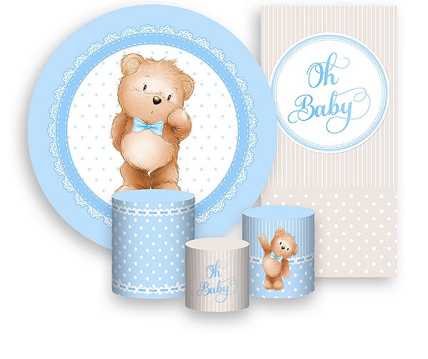 Painel De Festa + Trio De Capas Cilindro + Faixa Veste Fácil - Ursinho Azul Oh Baby 012