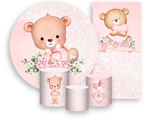 Painel De Festa + Trio De Capas Cilindro + Faixa Veste Fácil - Ursinho Rosa Aquarela Florido 014