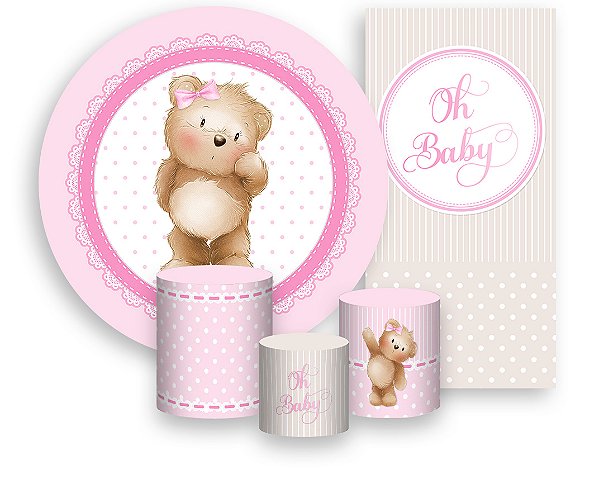 Painel De Festa + Trio De Capas Cilindro + Faixa Veste Fácil -  Ursinha Cute Rosa Claro 018