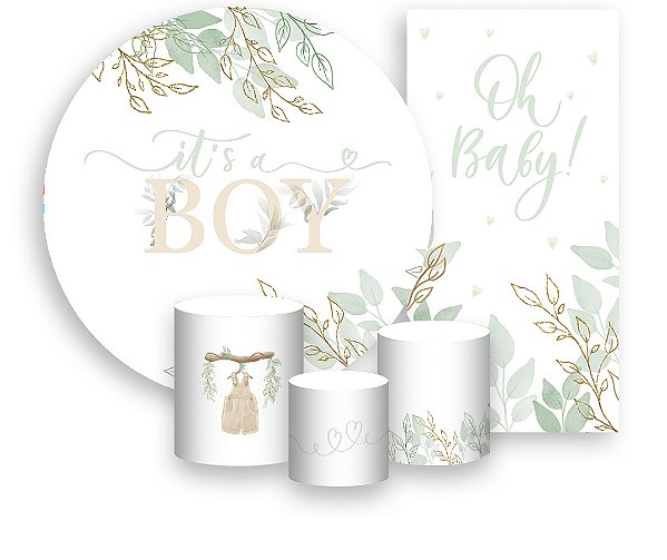Painel De Festa + Trio De Capas Cilindro + Faixa Veste Fácil - Chá de Bebê It's a Boy Floral Verde 027